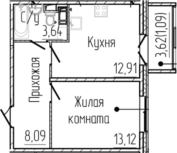1-комнатная квартира 38.85 м², 4/8 эт., ЖК «SERTOLOVO PARK»